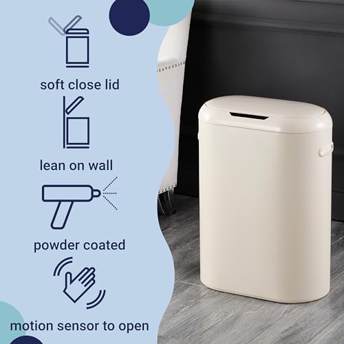 happimess 13.2 Gal Oval Motion Sensor Trash Can, Limestone Beige | Oval, Motion Sensor, Touch Mode, Soft Close Lid, Powder Coated Iron, 17.7" W x 9.84" D x 24.2" H - color: Limestone Beige
