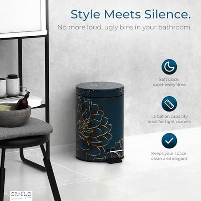 Sanilo Small Bathroom Trash Can with Lid [1.3 Gallon] - Lidded Tiny Trashcan for Garbage - Mini Metal Bin with Soft Closing Mechanism - Bath Room Accessoire Wastebin with Inner Bucket (Dahlia) - color: Dahlia