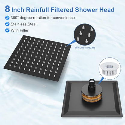 RUMOSE Shower Faucet Set Matte Black Rain Shower Head and Handle Set for Tub 8 Inch Rainfall Shower System with Filter for Hard Water Single Function Trim Kit with Rough-in Valve Stainless Steel