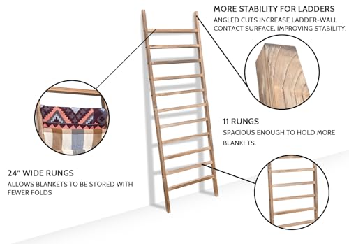 Blanket Ladder, 24 in Wide 11-Rung Wood Rustic Decor Rack | 11 rungs and 24in wide, Solid wood visible grain, Angled lean-to design, Anti-slip support, Living room and bathroom use