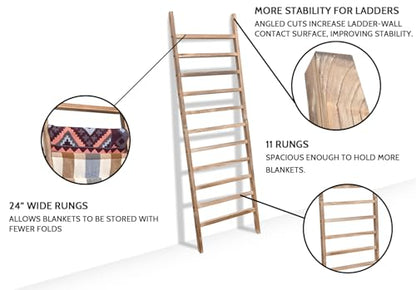 Blanket Ladder, 24 in Wide 11-Rung Wood Rustic Decor Rack | 11 rungs and 24in wide, Solid wood visible grain, Angled lean-to design, Anti-slip support, Living room and bathroom use