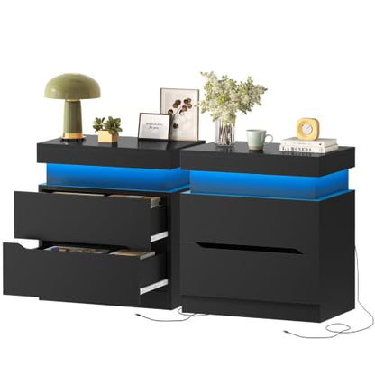 Nightstands Set of 2, Night Stand with 2 Drawers, Nightstand with App-Controlled Adjustable LED Light, Bedside Table with Slidable Hidden Storage Space, Modern Nightstands for Bedroom,Black - color: Unbzx031hd2-zf