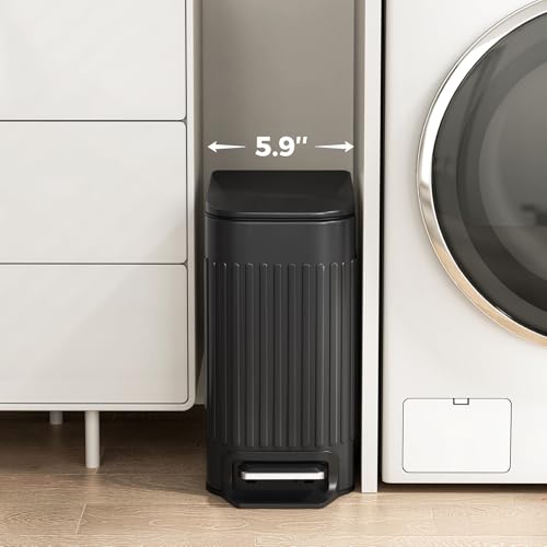TrashAid Small Black Bathroom Trash Can with Lid Soft Close & Pedal, 1.6Gal | Removable Inner Bucket, Stainless Steel Garbage Can, Slim Wastebasket for Toilet/Office/Bedroom, Retro Design, Odor Control - color: Black