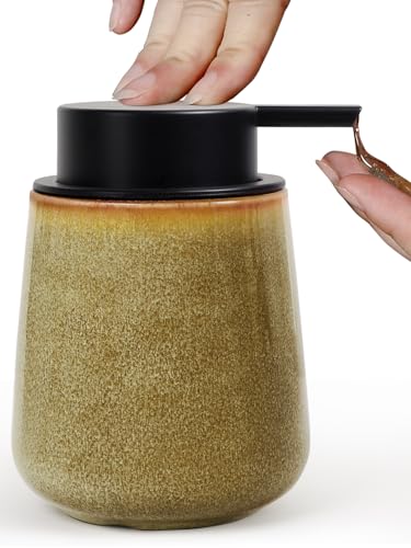 INGOFIN Ceramic Lotion Dispenser - 12 oz Refillable Hand Soap Dispenser Bathroom, Modern Liquid Soap Dispenser with Pump, Dish Dispenser for Kitchen,Kiln-Glazed Earthy Yellow-Brown - color: Yellow Brown