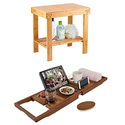 VaeFae Bamboo Shower Stool and Teak Bathtub Tray Bundle