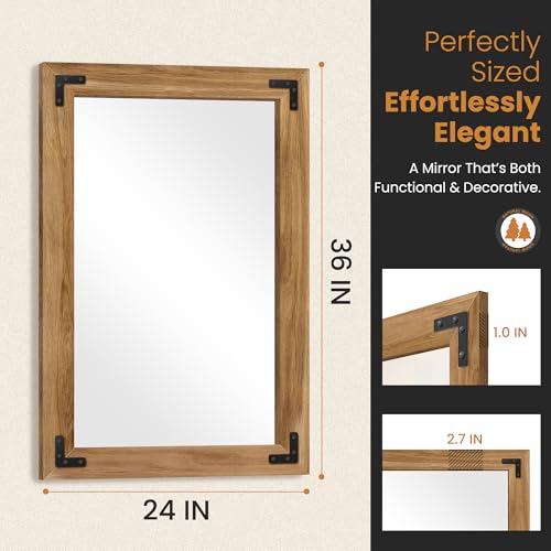 Wood Framed Bathroom Vanity Mirror for Wall, 24"x36" Farmhouse Mirror | Solid Wood Frame, HD Shatterproof Glass, Vertical/Horizontal Hanging, Ideal for Bathroom, Living Room, Bedroom - size: 36"L x 24"W