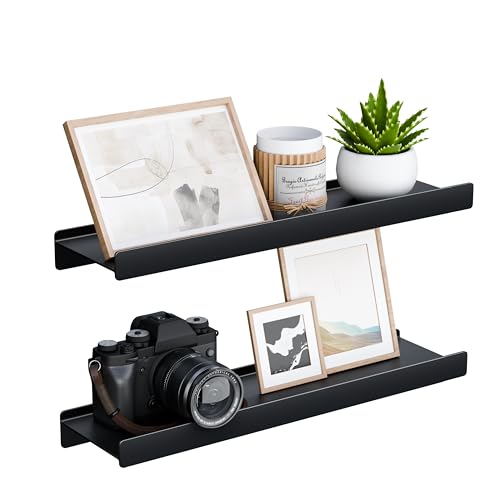 Small Shelves for Wall, Metal Floating Shelves Wall Mounted with Lip for Storage No Wobble, Heavy Duty Wall Shelves for Bathroom/Kitchen/Bedroom/Small Spaces, Black 16 inch 2 Pack - color: Black, size: 16 inch 2P