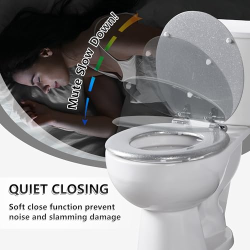 Angol Shiold Glitter Toilet Seat Molded Wood Round Toilet Seat with Quietly Close and Quick Release Hinges, Easy to Clean also Easy to Install (Round 16.5'', Silver) - color: Silver, size: Round 16.5‘’