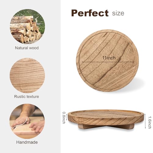 Round Decorative Tray Wood Bathroom Counter Organizer Farmhouse Kitchen Decor Wooden Riser for Soap Dish, Perfume, Candle, Sponge, 11" - Brown | Waterproof, Lightweight, Easy Clean, Wood Riser Pedestal Stand Accessories for Office Desk, Vanity, Counter, S