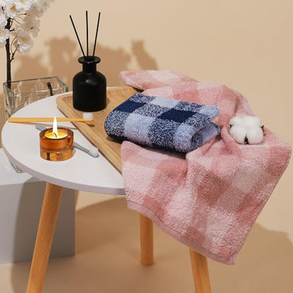 Vie TRIOMPHE Checkered Hand Towel Set 2 Pack - Pink Blue Plaid Cotton Grid Pattern Towels 13x30 Inch - Soft Absorbent Bathroom Kitchen Gym Travel Hotel Spa Decorative Face Towels His Hers Gift 2 Piece - style: 2 Pack of Crinkle Hand Towel: Pink+Blue
