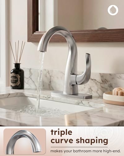 WOWOW Single Handle Bathroom Faucet, 1 Hole, High Arc, Brushed Nickel, Pop-up Drain, Solid Brass, Commercial Bathroom Sink Faucet, Basin Vanity Bar Faucet - color: Brushed Nickel
