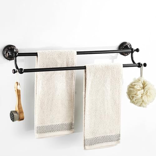 Oil Rubble Bronze Brass Double Towel Bar, Adjustable 15.5 to 27.5 Inch Bath Towel Bar Rack for Bathroom Towel Holder, Wall Mounted Black Bathroom Hardware Accessories,Pattern Carving Design - color: Double Towel Rack
