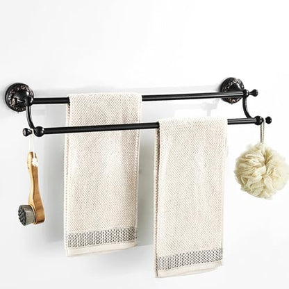 Oil Rubble Bronze Brass Double Towel Bar, Adjustable 15.5 to 27.5 Inch Bath Towel Bar Rack for Bathroom Towel Holder, Wall Mounted Black Bathroom Hardware Accessories,Pattern Carving Design - color: Double Towel Rack