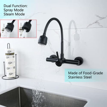Kitchen Sink Faucet Wall Mount with Sprayer, Stainless Steel Mixer Tap, Matte Black Finish, NSF and Lead-Free Certified for Utility and Laundry Sink Faucets - color: C Style, Matt Black