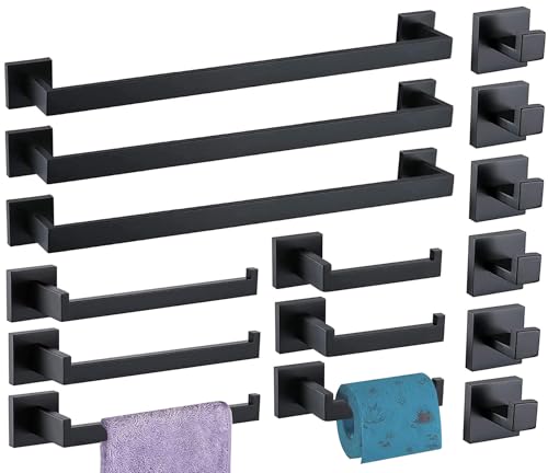 Bathroom Hardware Set 15 Piece Matte Black Bathroom Accessories Set SUS304 Towel Bar Set Includes 3 Towel Bar 24 Inch+3 Towel Holder+3 Toilet Paper Holder+6 Towel Hooks (15, Matte Black, 24 Inch) - color: Matte Black, size: 24 Inch