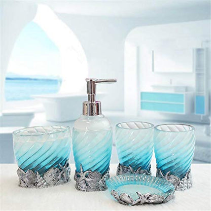 Bathroom Accessory Set, 5 PCS Bath Ensemble Set Includes Soap Dispenser, Soap Dish, Tumbler, Toothbrush Holder - Polyresin Glass for Home, Office, Superior Hotel - color: Sky Blue