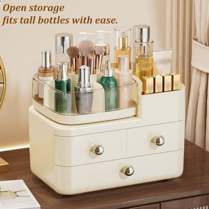 Makeup Organizer with Drawers and 360° Rotating Brush Holder,make up organizers for counter,Large Capacity Cosmetic Storage for Vanity,Skincare,Perfume
