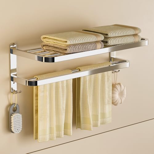 23 Inch Bathroom Towel Rack Towel Shelf with Double Towel Bars Lavatory Wall Mount Holder with Hooks Stainless Steel Hotel Bath Rack - color: Silver
