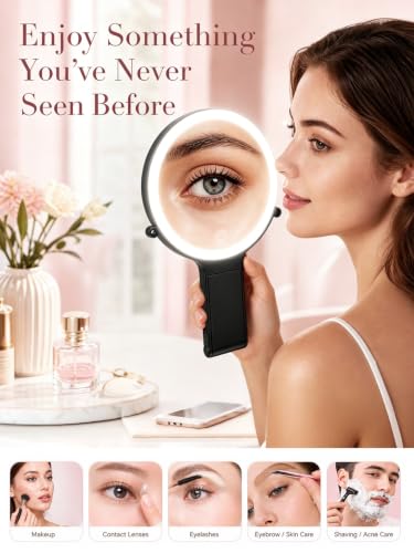 40X/1X Makeup Magnifying Mirror with Lights, 6inch Double-Sided LED Makeup Mirror, Desktop 1X/40X Travel Magnifying Mirror, 3 Color Dimmable Lights, 2000mAh Rechargeable Battery, 3 Ways to Use