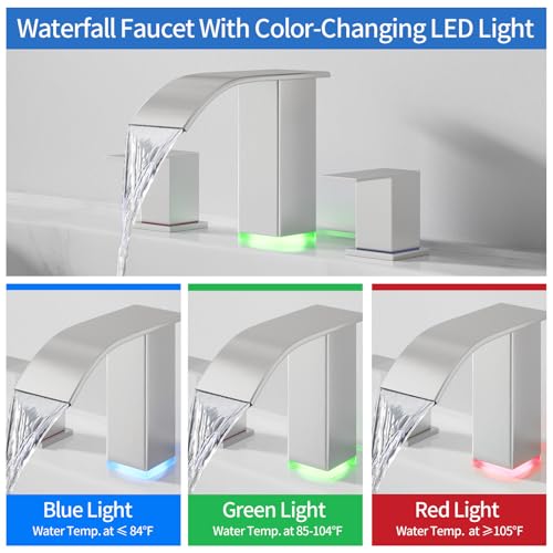 RUMOSE LED Bathroom Faucets Set 3 Hole Vanity Faucet with Pop Up Drain | Brushed Nickel Bathroom Sink Faucet, Widespread Waterfall, 3 Colors Light Changing, Stainless Steel, Deck Mounted - color: Brushed Nickel