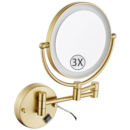 Wall Mounted Lighted Makeup Mirror, Hardwired 2-Sided Magnifying Vanity Mirror, Extended Arm 360 Rotation LED Cosmetic Mirror,Brushed Gold,3X - color: Brushed Gold, size: 3X