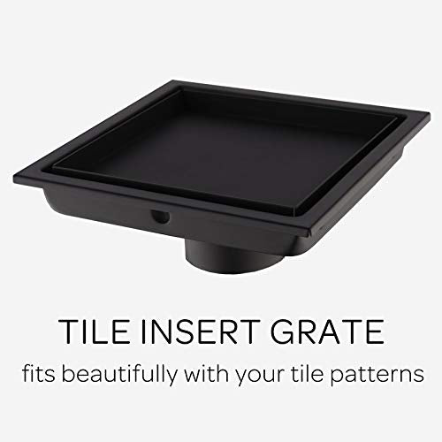 304 Stainless Steel Square Shower Floor Drain with Tile Insert Grate Removable Cover 6 inch Long, Matte Black Plated Finished