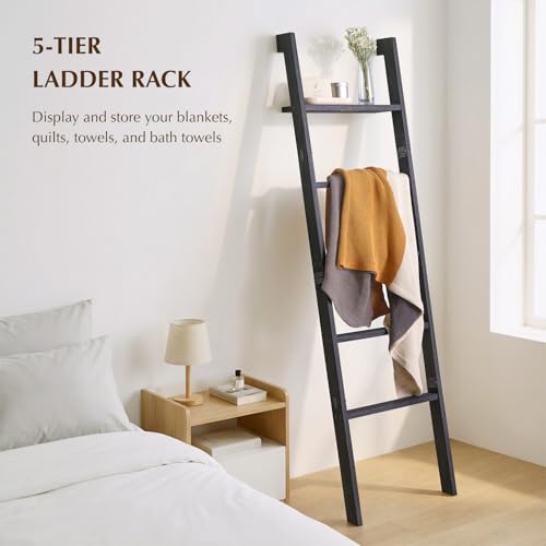 Blanket Ladder with Top Shelf, 5-Tier Wood 64” Decorative Ladder for Living Room Throws, Bedroom Quilt, Bathroom Towel & Toiletry Storage, Home Decor Stand (Black)