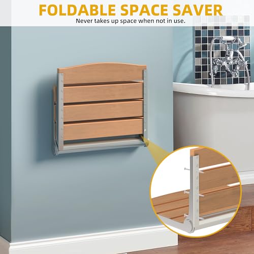 DWVO Folding Shower Seat Wall Mounted, Fold Down Shower Bench, Home Care Folding Shower Chair for Seniors,Disables,Pregnants Teak