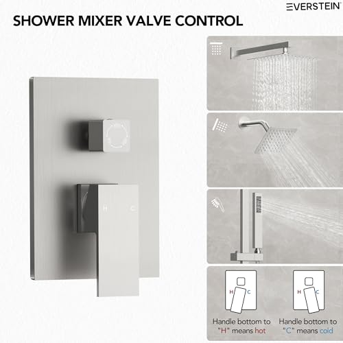 EVERSTEIN 10" High-Pressure Rainfall Shower Faucet with Handheld Spray, Wall Mount Dual Shower Head System with Slide Bar (Brushed Nickel) - color: Nickel, style: Wall Mount-with Slide Bar