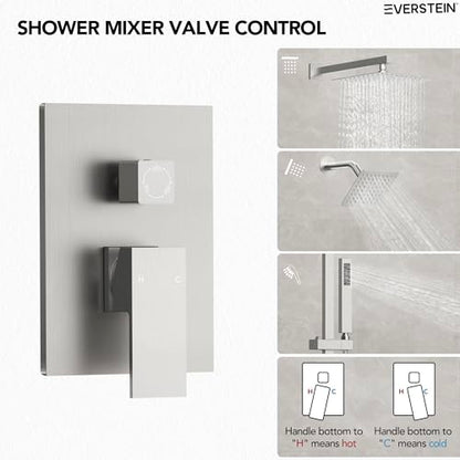 EVERSTEIN 10" High-Pressure Rainfall Shower Faucet with Handheld Spray, Wall Mount Dual Shower Head System with Slide Bar (Brushed Nickel) - color: Nickel, style: Wall Mount-with Slide Bar