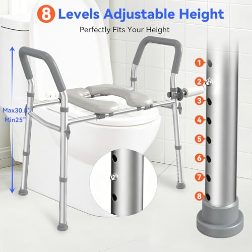 Raised Toilet Seat with Handles, Safety Toilet Stand Up Assist Frame | Adjustable Height & Width, Fits Round & Elongated Toilets, 350 LB Capacity, for Seniors, Handicap, Easy Install & Clean