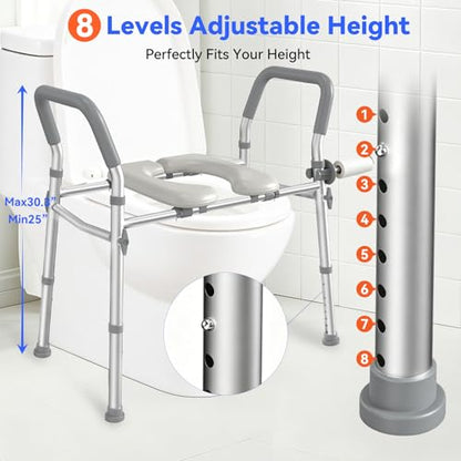 Raised Toilet Seat with Handles, Safety Toilet Stand Up Assist Frame | Adjustable Height & Width, Fits Round & Elongated Toilets, 350 LB Capacity, for Seniors, Handicap, Easy Install & Clean