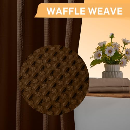 River Dream No Hooks Shower Curtain with 2 Snap in Liner, Brown, 71Wx74H | Waffle Weave, 1 Attached Snap in Liner and 1 Extra Replacement Liner, Bathroom Curtains Shower Set, Hotel Grade, Spa Like - color: Brown
