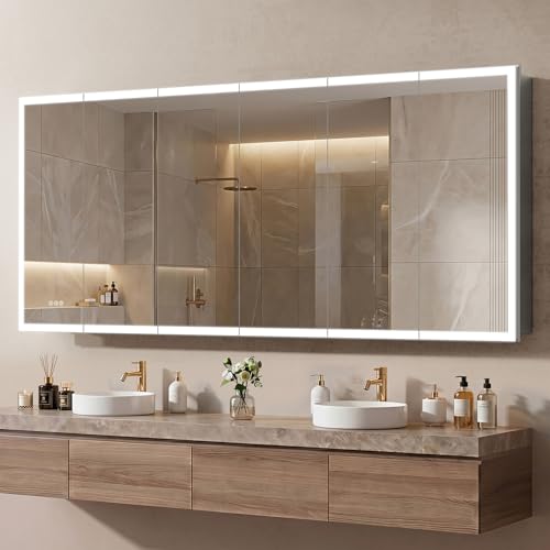 96"x40" LED Lighted Medicine Cabinet Mirror with Electrical Outlet & USB, Anti-Fog, 3 Color Temperature Stepless Dimmable, Aluminum Cabinet for Bathroom Storage and Modern Decor - size: 96" x 40"