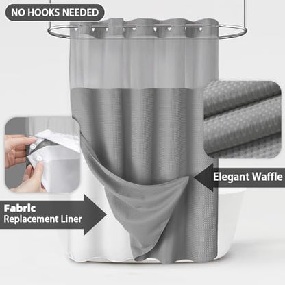 No Hook Shower Curtain with Liner Set Hotel Waffle Curtain Grey 72W X 75L | Washable Snap in Fabric Liner, Mesh Top Window, Waffle Hotel Style Shower Curtain Set - color: Grey, size: Standard 72"W x 75"L