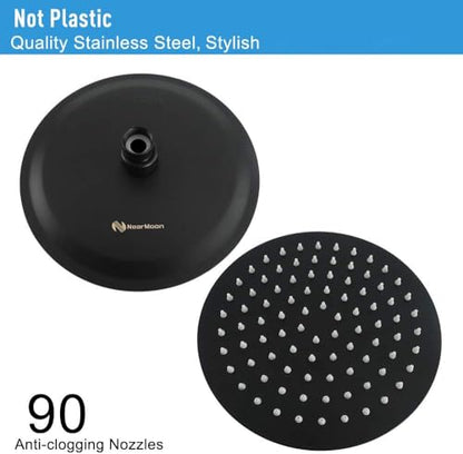 NearMoon Rain Shower Head with 11'' Adjustable Arm, High Pressure Stainless Steel Rainfall Shower, Ultra-Thin Design - Pressure Boosting (8 Inch, Matte Black) - color: Matte Black, size: 8 Inch