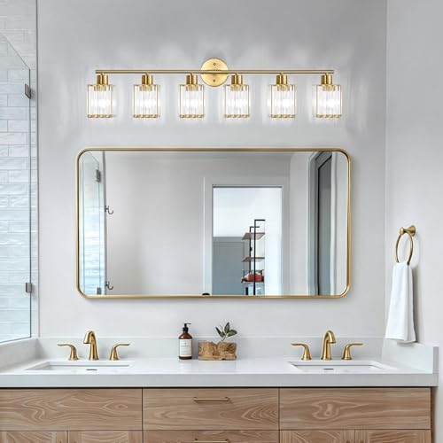6 Light Bathroom Light Fixtures, Modern Crystal Vanity Lights over Mirror | Metal Frame, Bathroom Light with Square Crystal Shade, ETL Certified, E26 Ceramic Socket, Bulbs Not Included - color: Gold, size: 6-Light