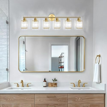 6 Light Bathroom Light Fixtures, Modern Crystal Vanity Lights over Mirror | Metal Frame, Bathroom Light with Square Crystal Shade, ETL Certified, E26 Ceramic Socket, Bulbs Not Included - color: Gold, size: 6-Light
