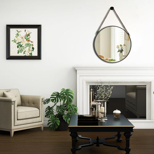 POZINO 15" Small Round Hanging Mirror with Grey Metal Frame - color: Grey, size: 15"L x 15"W