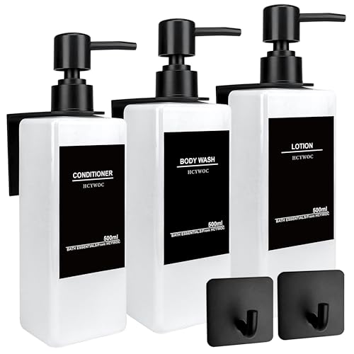 Shampoo and Conditioner Dispenser, No Drill, 16 Waterproof Labels | Shampoo Dispenser for Shower Wall, Shower Soap Dispenser Wall Mounted 3 Chamber, Bathroom, 17oz, White - color: White Bottle + Black Pump