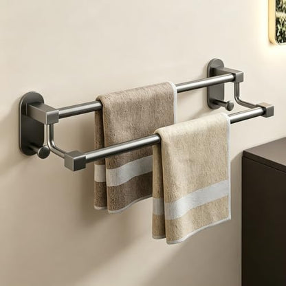 Stainless Steel Single/Double Towel Bar, Bathroom Waterproof Towel Rail | Drill Mount Towels Holder with Hooks, 30-70CM/11.8-27.5in Wall Mount for Kitchen and Bathroom(Gray B,60cm/23.6in) - color: Gray B, size: 60cm/23.6in