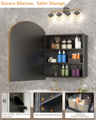 24x30 Inch Bathroom Medicine Cabinet Surface Mounted, Medicine Cabinet with Arched Mirror, Hand-Painted Bronze Aluminum Frame, Baroque Flower Decor, Black Metal Cabinet, 2 Stable & Removable Shelves - size: Frame:24"x30" (Surface Mount Only)