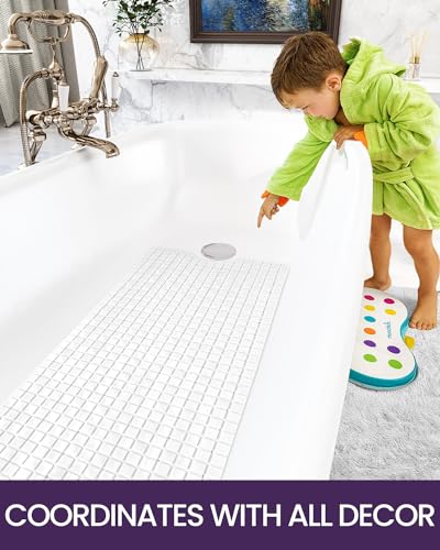 DEXI Bathtub Mat Non Slip, 39x16 Bath Tub Shower Floor Bathroom Mats White | Extra Long Suction Cups, Drain Holes, Machine Washable for Tub Shower Floor Bathmat - color: White