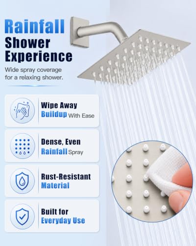 Heyalan 6 Inch Square Rain Shower Faucet Set with Valve, Brushed Nickel | Female-thread 1/2-inch NPT connections, SUS304 shower head, brass rough-in valve, single-handle control Shower Set - color: Nickel, size: 6 Inch Square Shower Head