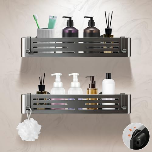 Lekesky Suction Cup Shower Caddy, No Drill Shower Shelf, Aluminum Rust Proof Bathroom Shower Organizer with 12 Hooks (2-Pack, Gunmetal Gray) - color: Gunmetal Grey