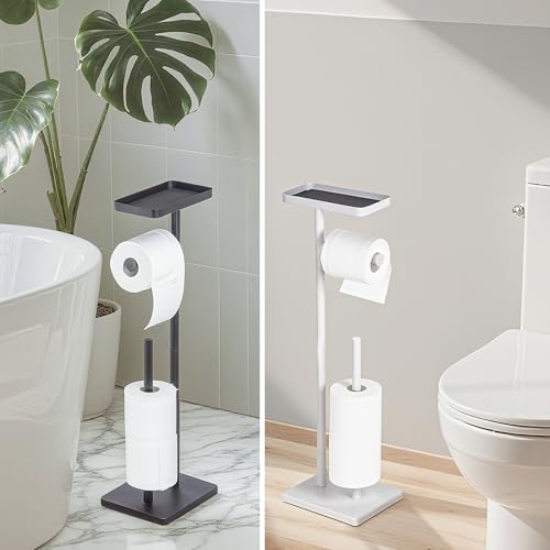 Clasin Home White Toilet Paper Holder Stand with Metal Top Shelf, Free Standing Bathroom Tissue Roll Holder with Weighted Base and Storage for 4 Rolls - color: White