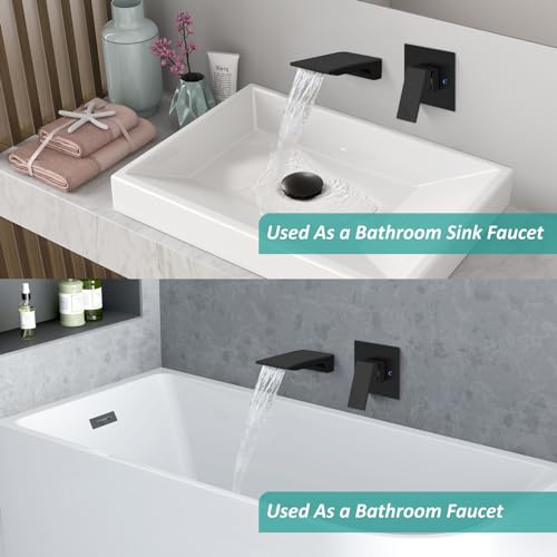 Wall Mount Bathroom Faucet, Waterfall Tub Filler, Matte Black | SUS304 Waterfall Spout, Rough-In Valve, Single-Handle Control, 1/2-Inch NPT, Flexible Handle Placement - color: Matte Black