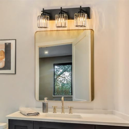 Black Crystal Bathroom Vanity Lights, Modern 3-Lights Bathroom Lighting Fixtures Over Mirror, Crystal Wall Lighting with Round Shade - color: Black-Round Shade, size: 3-Light