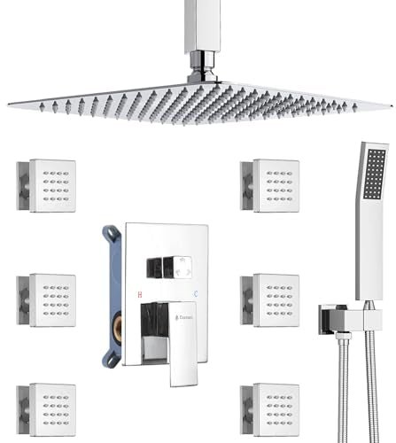 DASAN Full Body Shower System with 6 PCS Body Spray Jets & 12'' Rain Shower Head & Handheld, Ceiling Mount Rain Shower System Polished Chrome Shower Faucets Sets Complete with Valve, SA-SS03ACH-S12C - color: Chrome