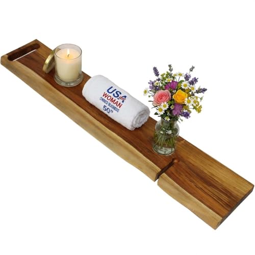 EcoDecors Eleganto 50" Live Edge Solid Teak Bath Caddy Tray with Handle, Book & Tablet Holder, Wine Glass Holders, Luxury Bathtub Tray - style: 50" Live Edge